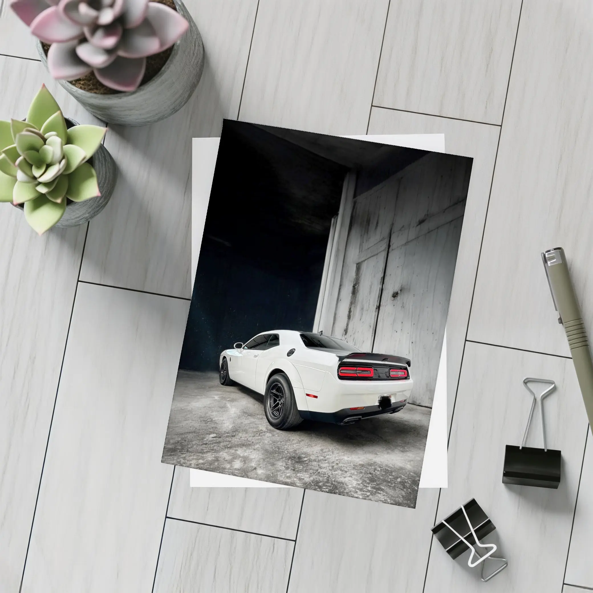 White Dodge Challenger Rear Abandoned Building – Postcards