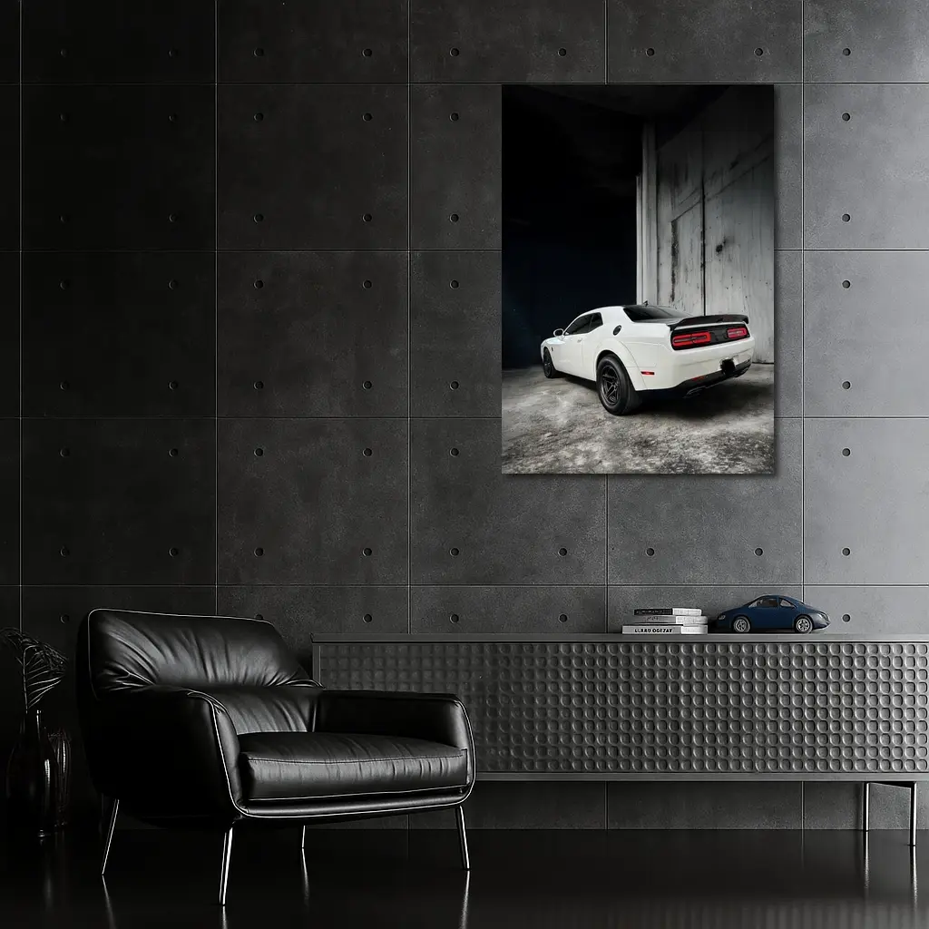 White Dodge Challenger Rear Abandoned Building – Wall Art
