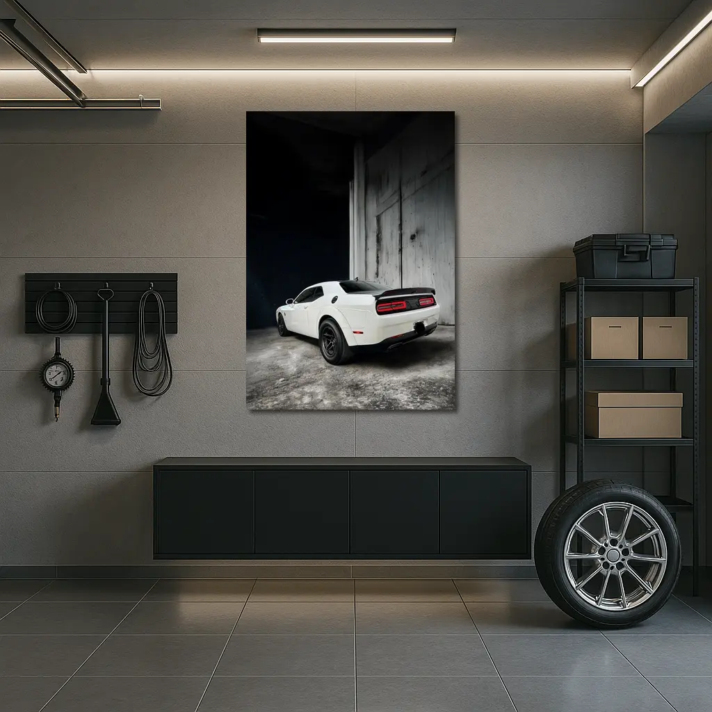 White Dodge Challenger Rear Abandoned Building – Wall Art