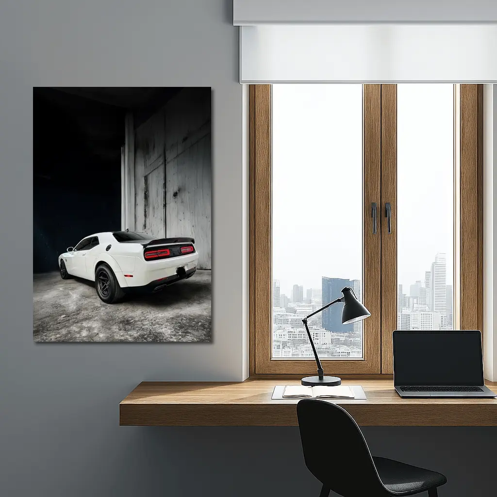 White Dodge Challenger Rear Abandoned Building – Wall Art