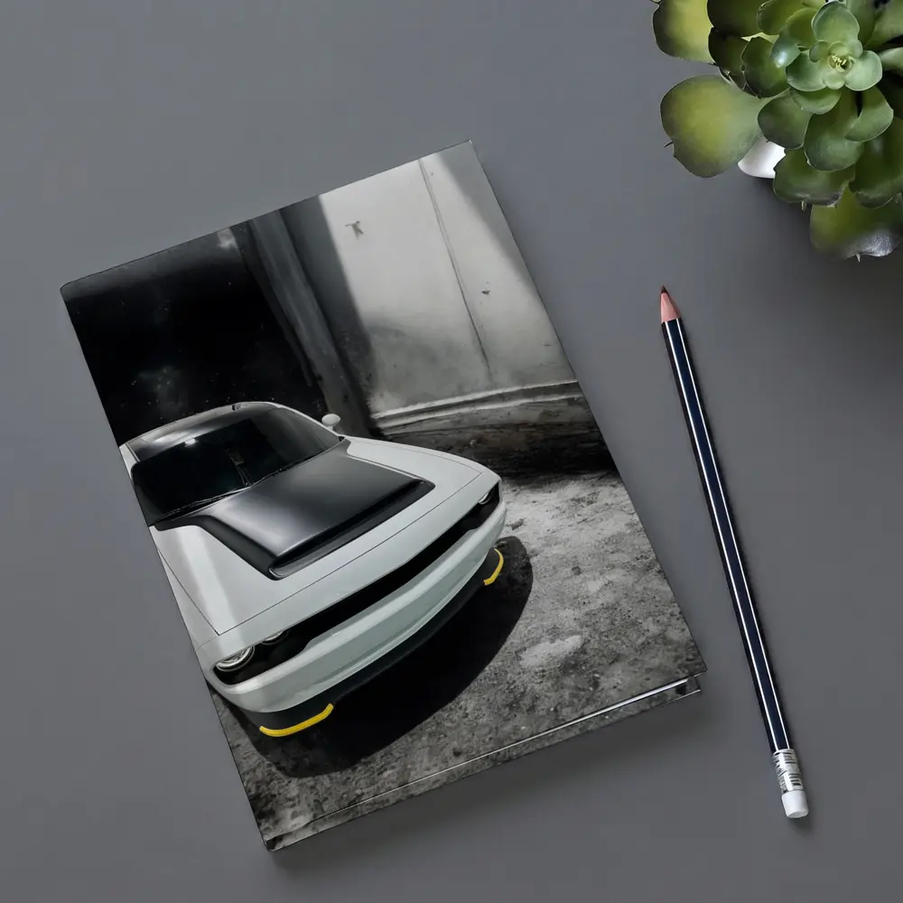 Dodge Challenger White In Abandoned Building – Notebooks