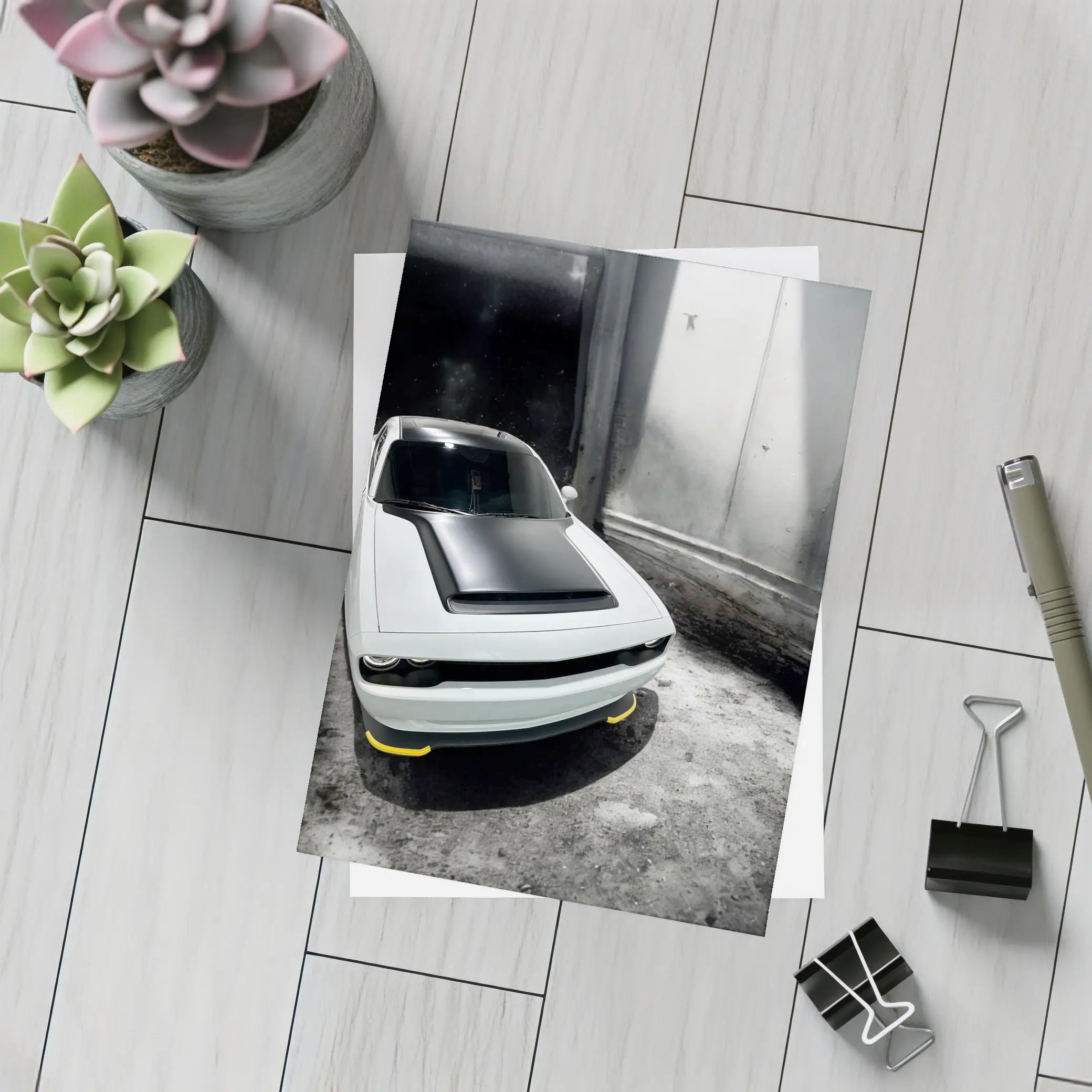 Dodge Challenger White In Abandoned Building – Postcards