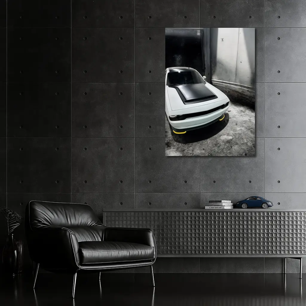 Dodge Challenger White In Abandoned Building – Wall Art