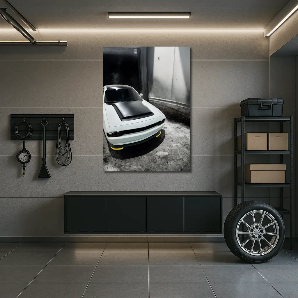 Dodge Challenger White In Abandoned Building – Wall Art