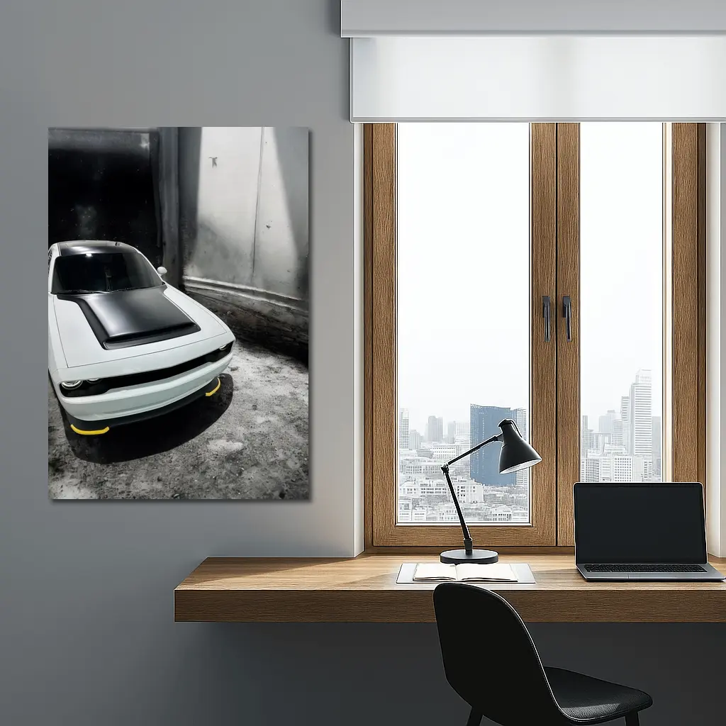 Dodge Challenger White In Abandoned Building – Wall Art