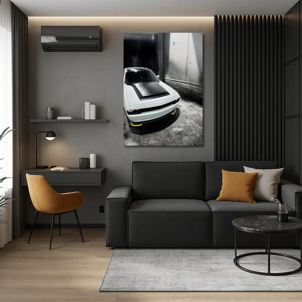 Dodge Challenger White In Abandoned Building – Wall Art