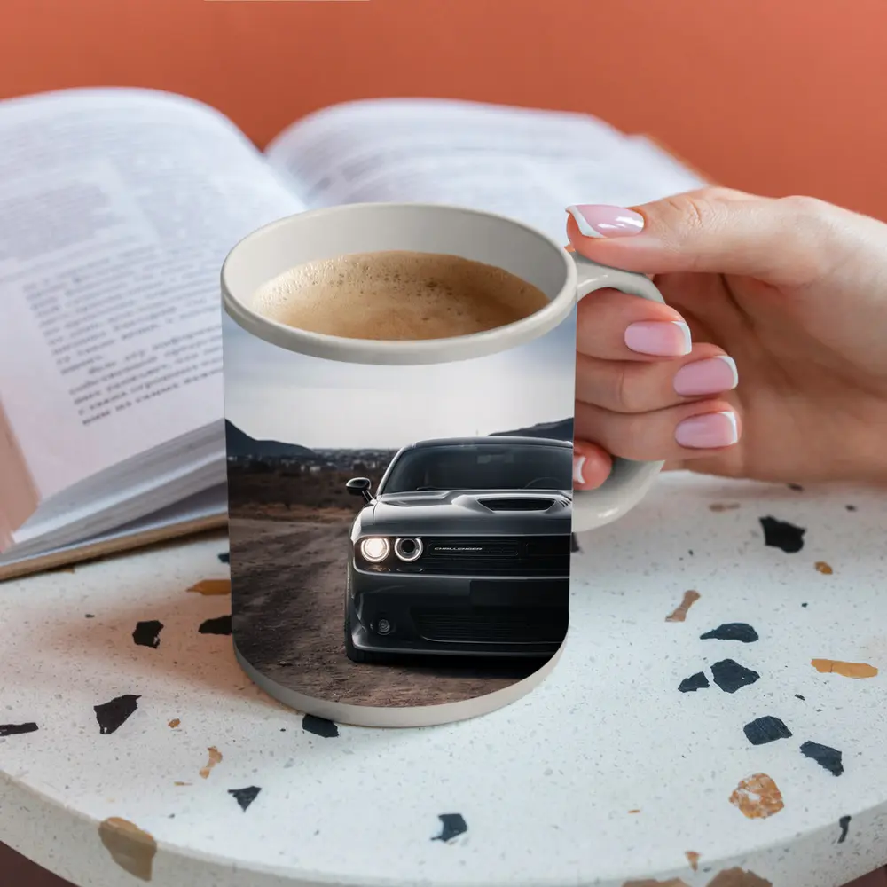Dodge Challenger Black Front View City Backdrop – Mugs