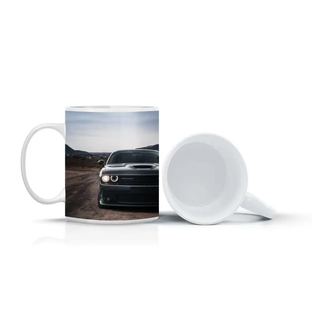 Dodge Challenger Black Front View City Backdrop – Mugs