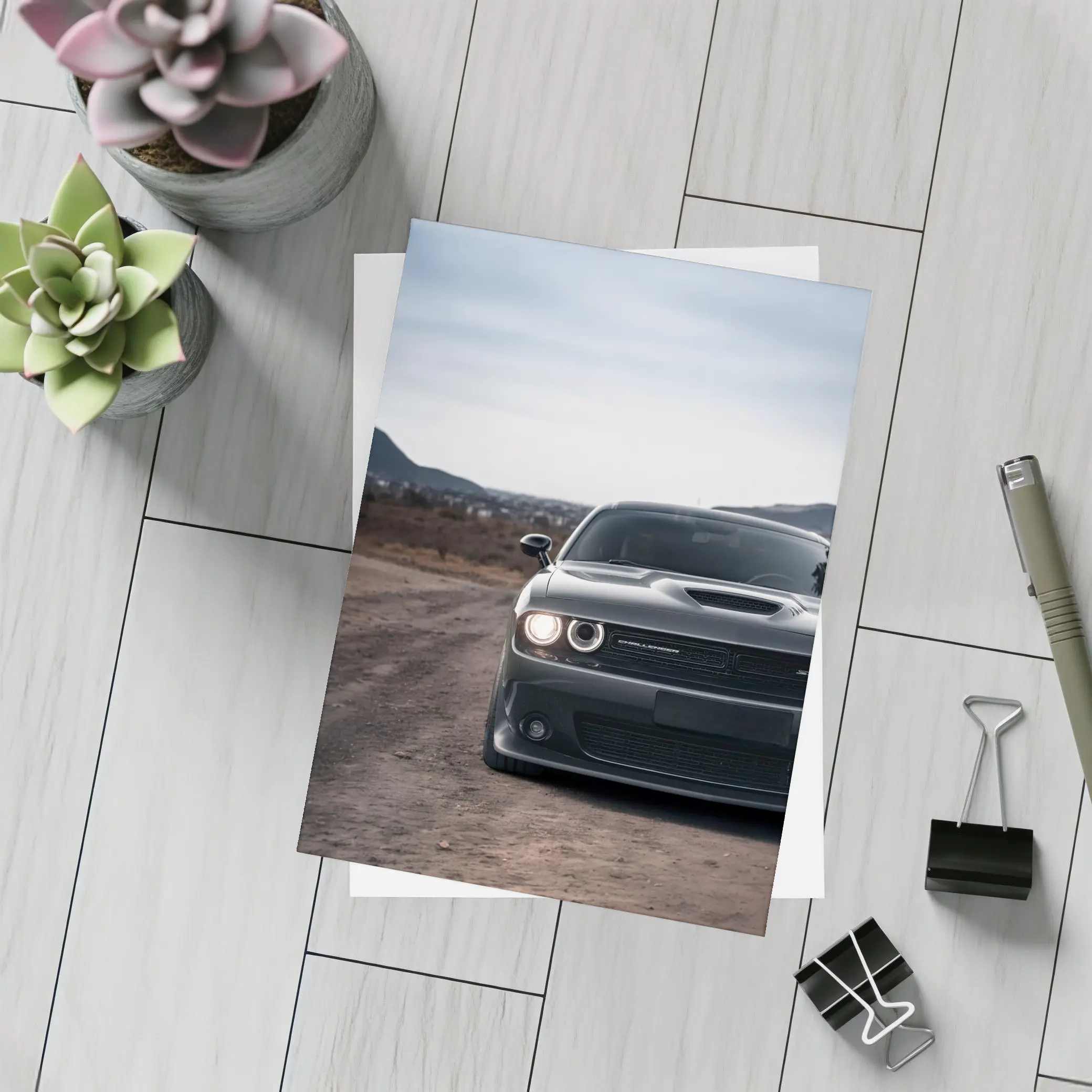 Dodge Challenger Black Front View City Backdrop – Postcards