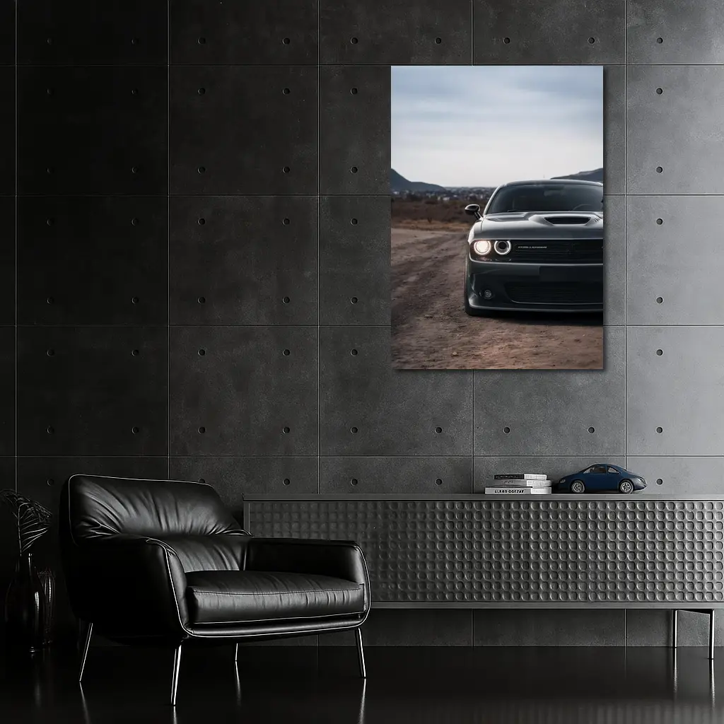 Dodge Challenger Black Front View City Backdrop – Wall Art