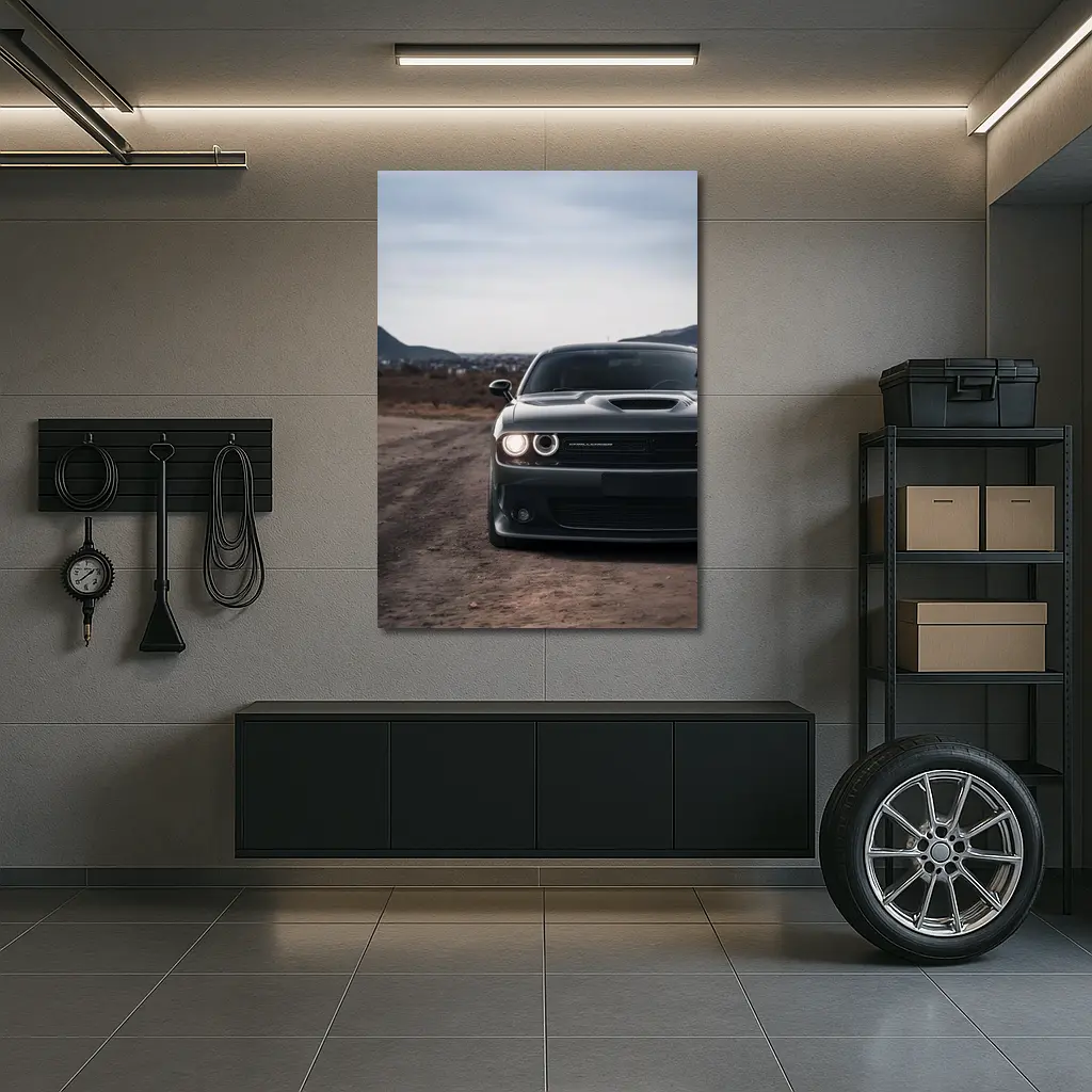 Dodge Challenger Black Front View City Backdrop – Wall Art