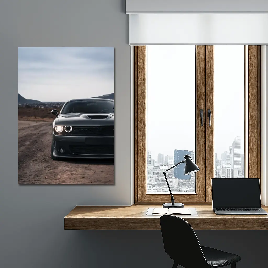 Dodge Challenger Black Front View City Backdrop – Wall Art