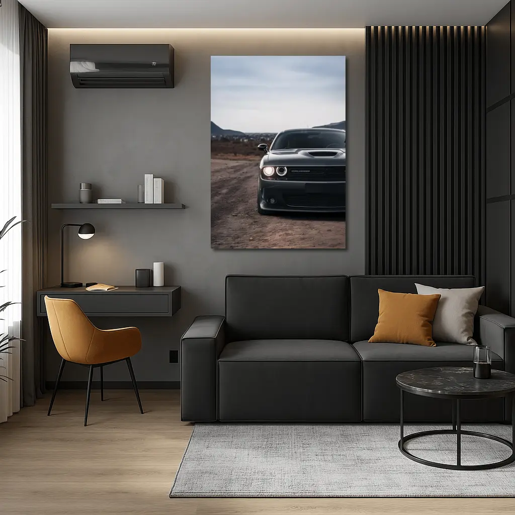 Dodge Challenger Black Front View City Backdrop – Wall Art