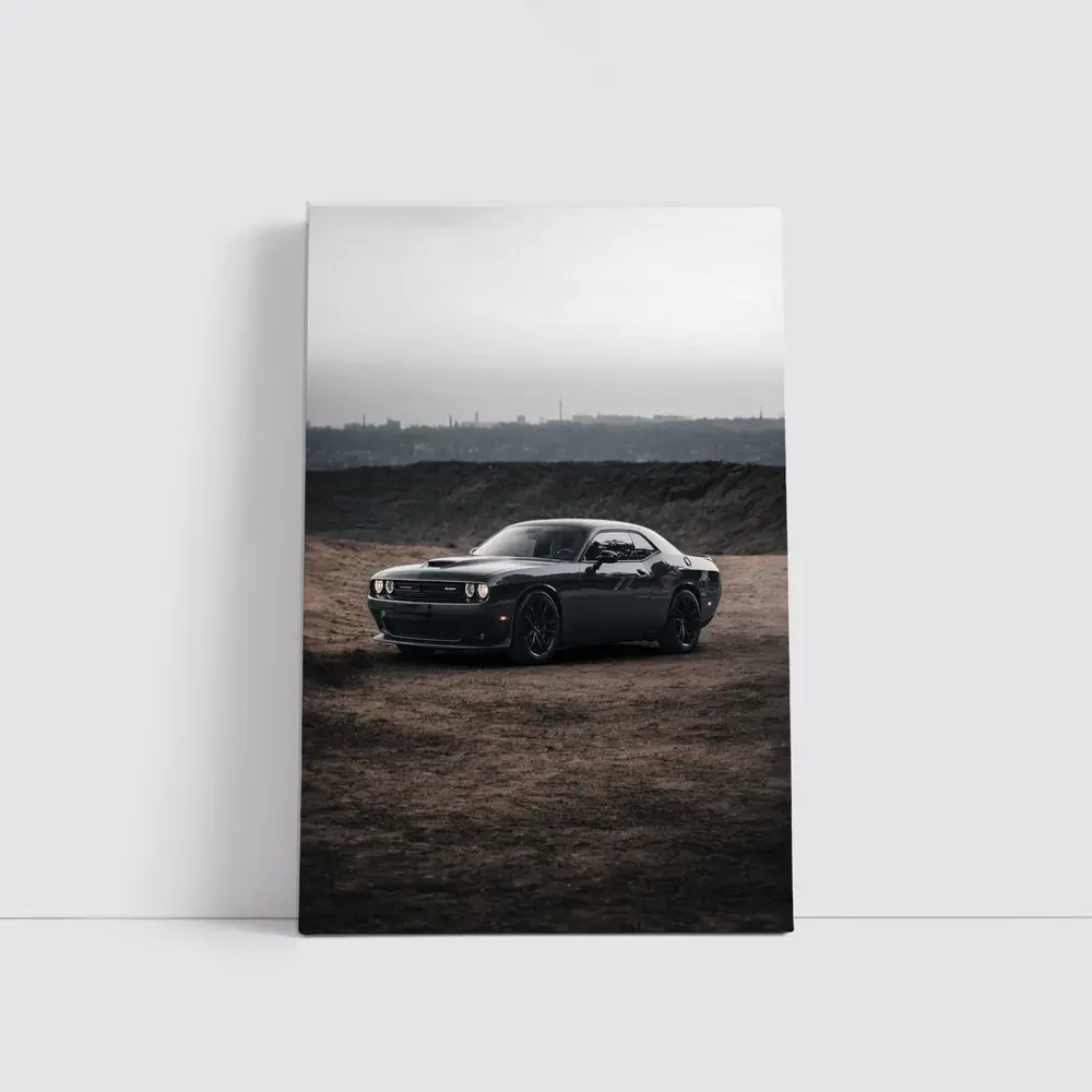Black Dodge Challenger Parked on Dirt Ground – Wall Art