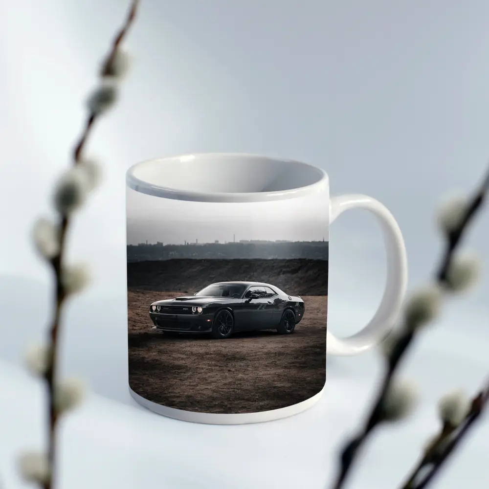 Black Dodge Challenger Parked on Dirt Ground – Mugs