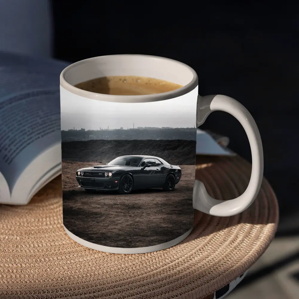 Black Dodge Challenger Parked on Dirt Ground – Mugs