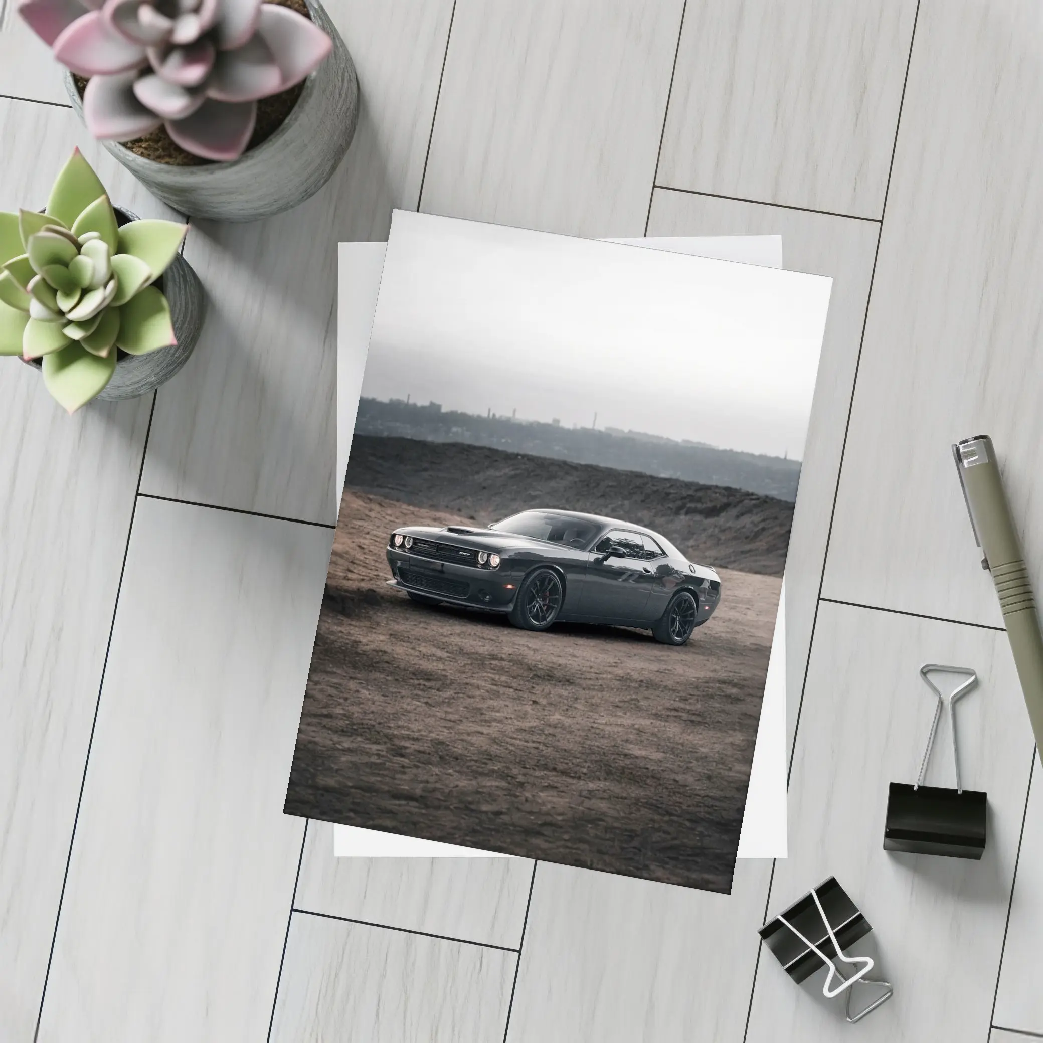 Black Dodge Challenger Parked on Dirt Ground – Postcards