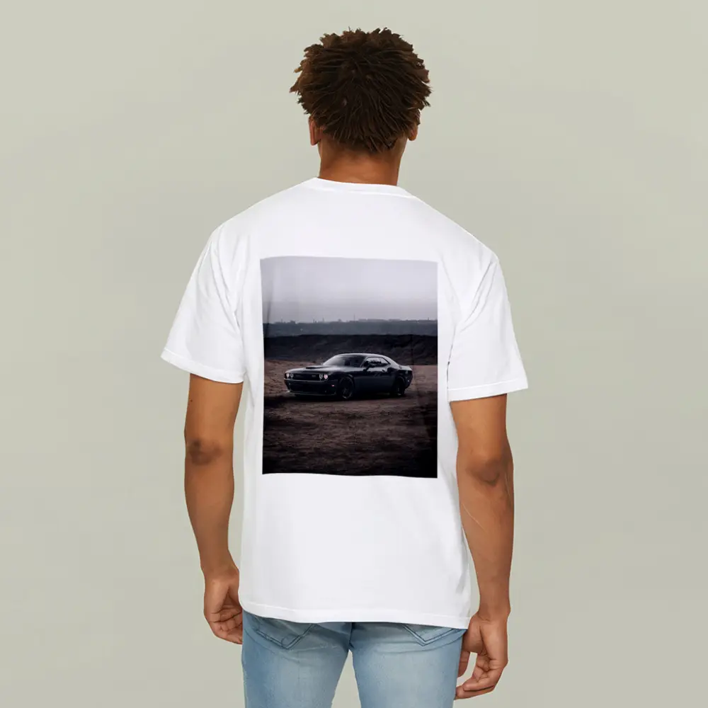 Black Dodge Challenger Parked on Dirt Ground – T-Shirts