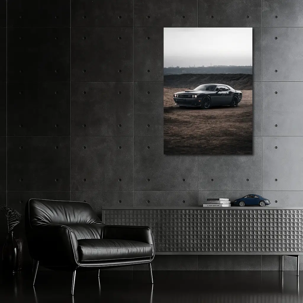Black Dodge Challenger Parked on Dirt Ground – Wall Art