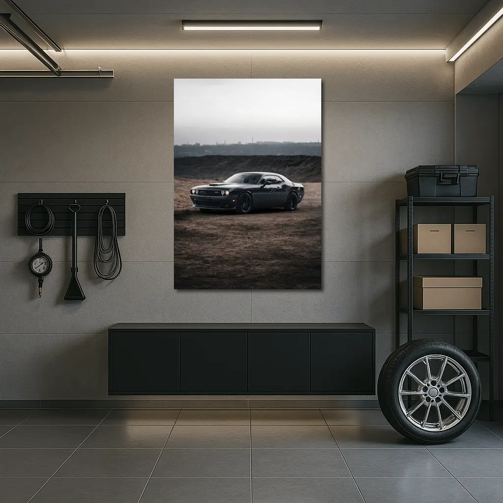 Black Dodge Challenger Parked on Dirt Ground – Wall Art