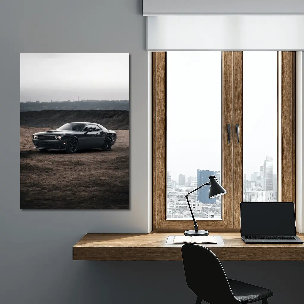 Black Dodge Challenger Parked on Dirt Ground – Wall Art