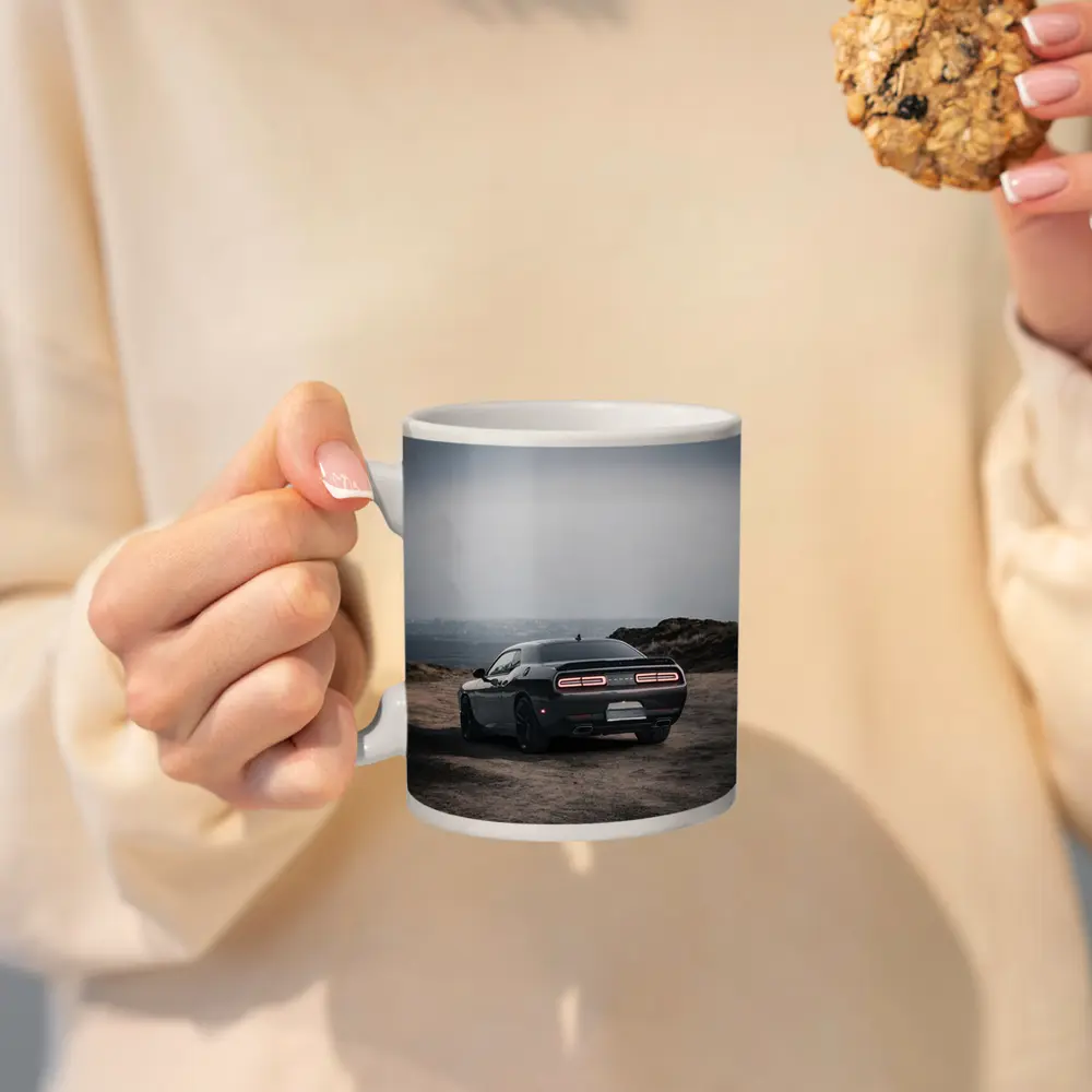 Dodge Challenger Dark Rear View Overcast Sky – Mugs