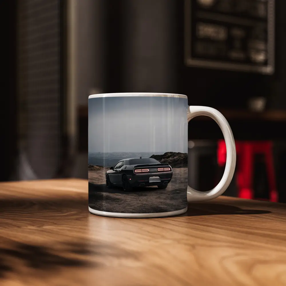 Dodge Challenger Dark Rear View Overcast Sky – Mugs