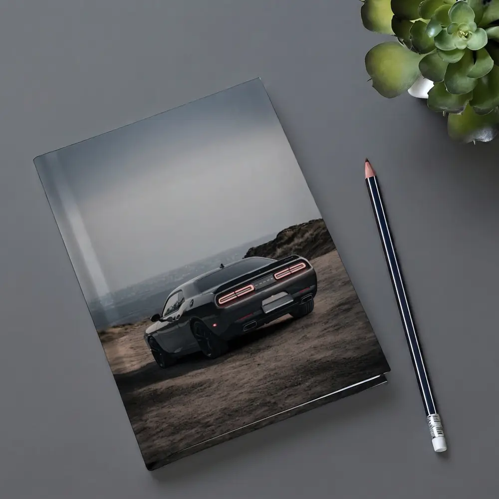 Dodge Challenger Dark Rear View Overcast Sky – Notebooks