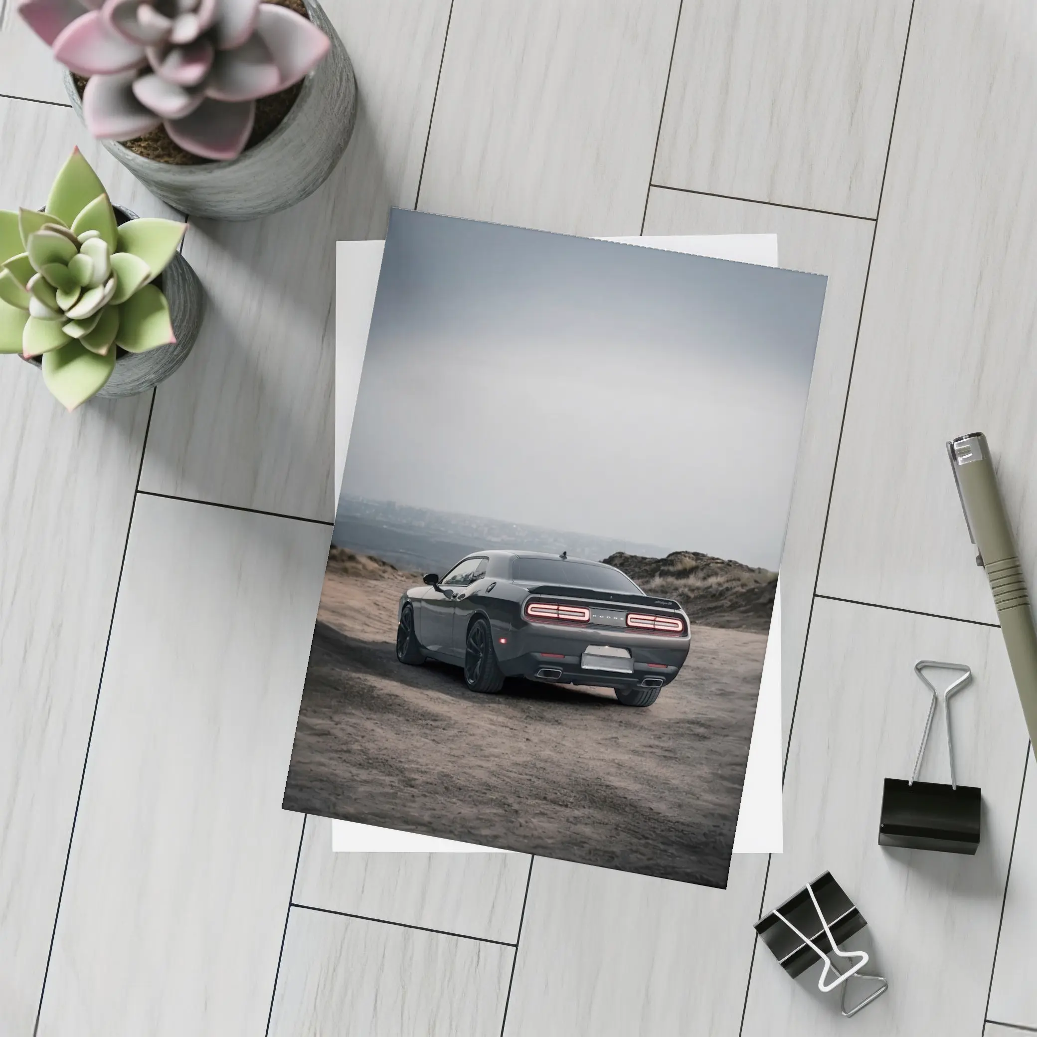 Dodge Challenger Dark Rear View Overcast Sky – Postcards