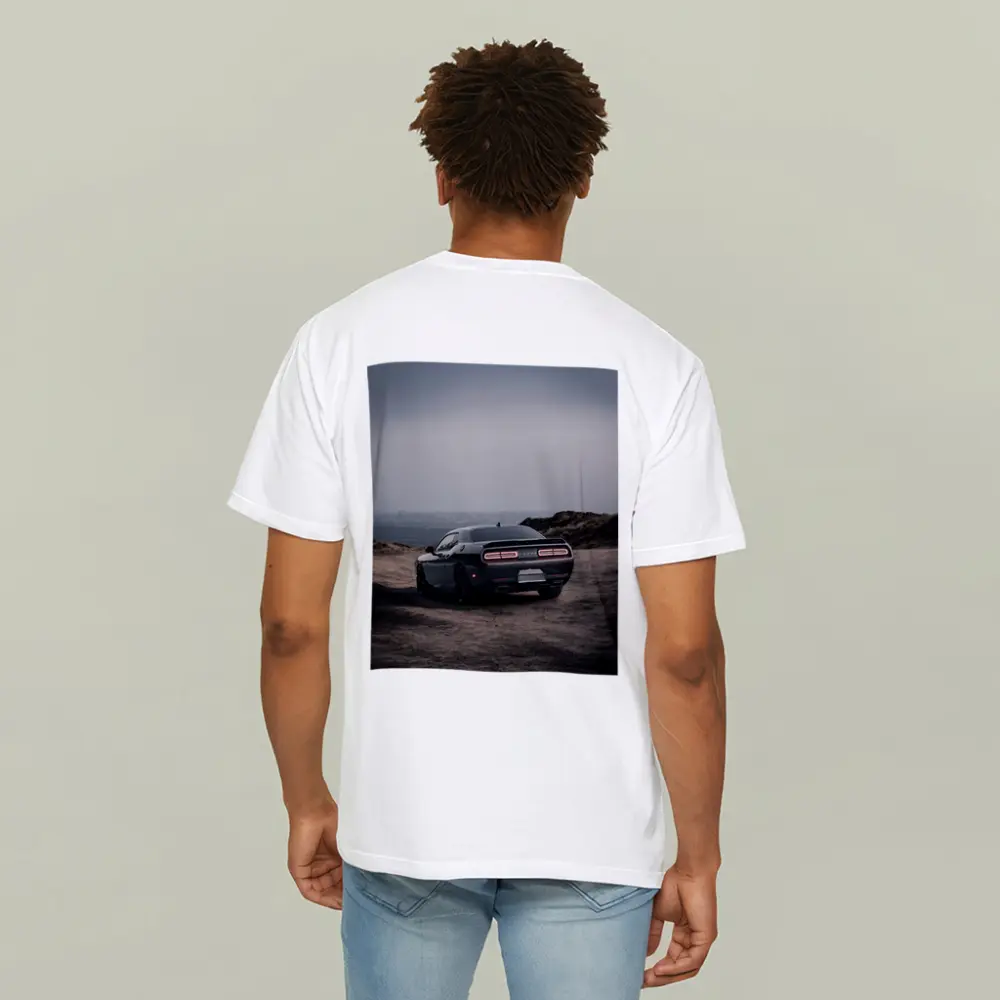 Dodge Challenger Dark Rear View Overcast Sky – T-Shirts