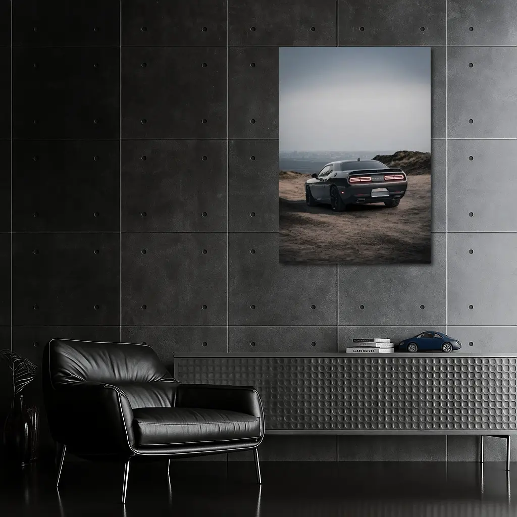 Dodge Challenger Dark Rear View Overcast Sky – Wall Art