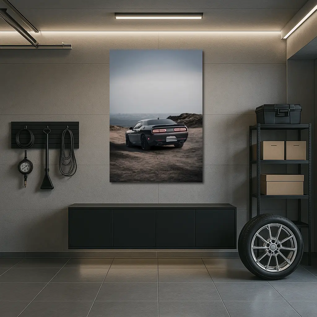 Dodge Challenger Dark Rear View Overcast Sky – Wall Art