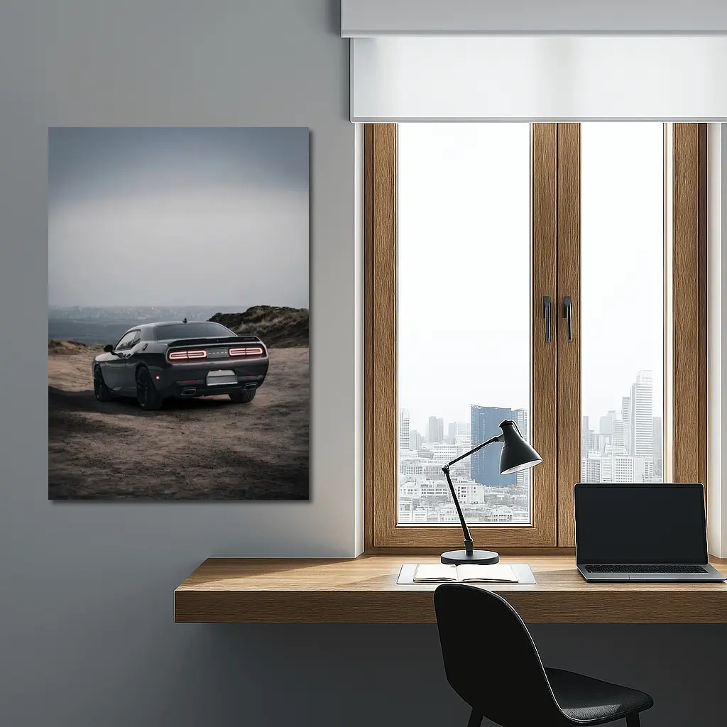 Dodge Challenger Dark Rear View Overcast Sky – Wall Art
