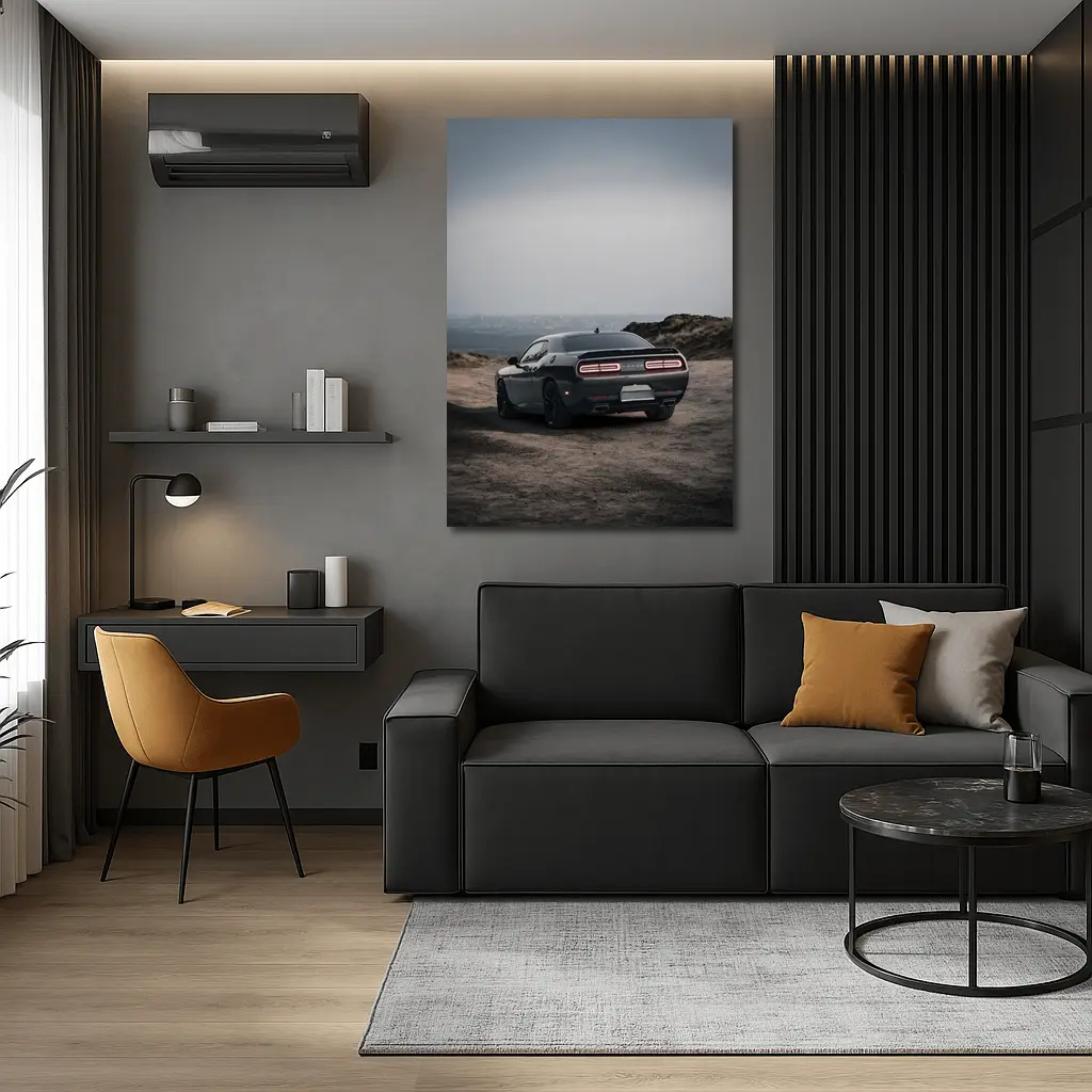 Dodge Challenger Dark Rear View Overcast Sky – Wall Art