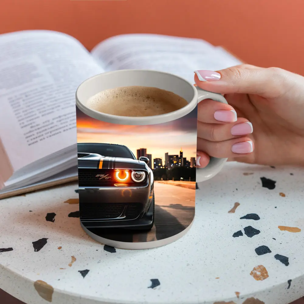 Dodge Challenger RT City Sunset Front View – Mugs