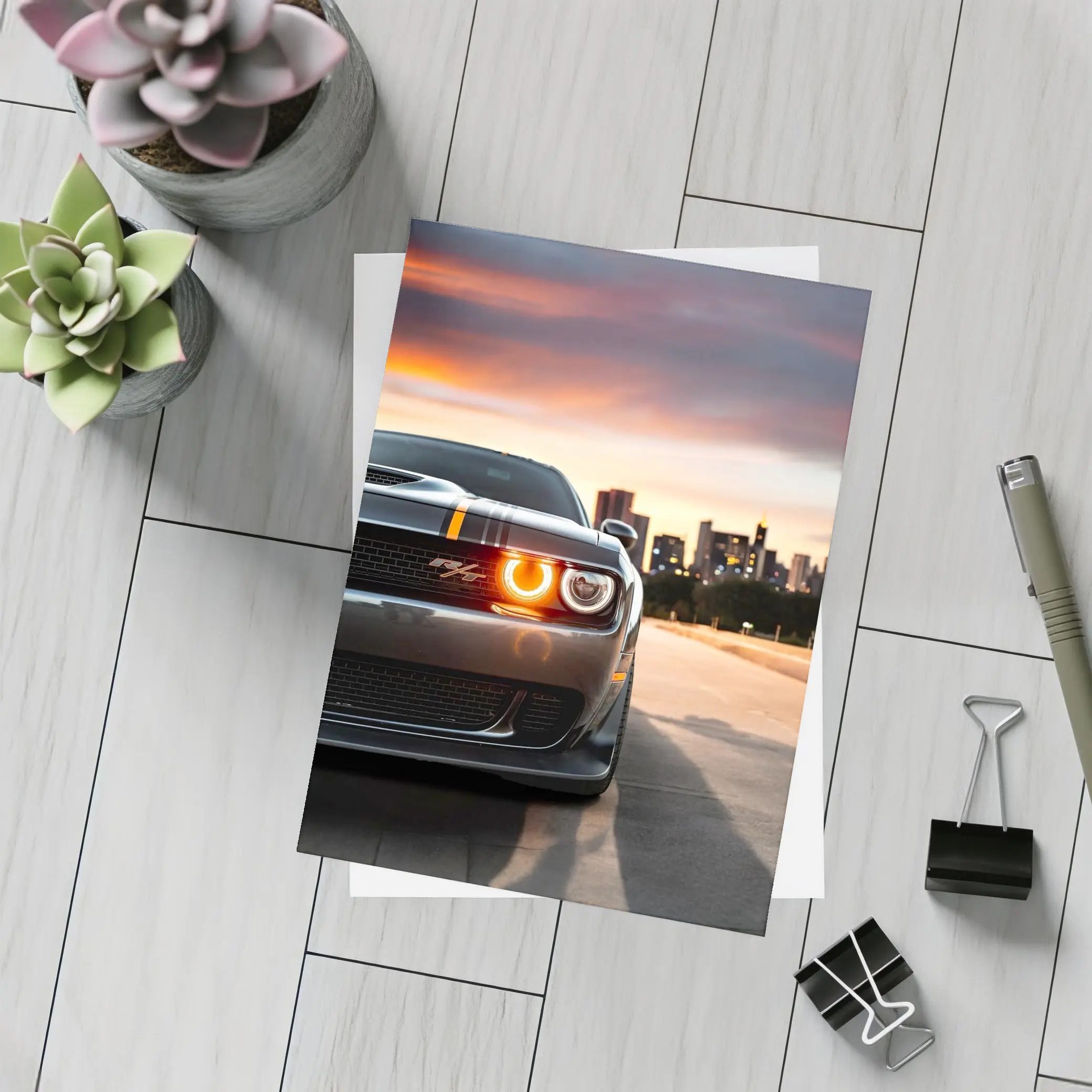 Dodge Challenger RT City Sunset Front View – Postcards
