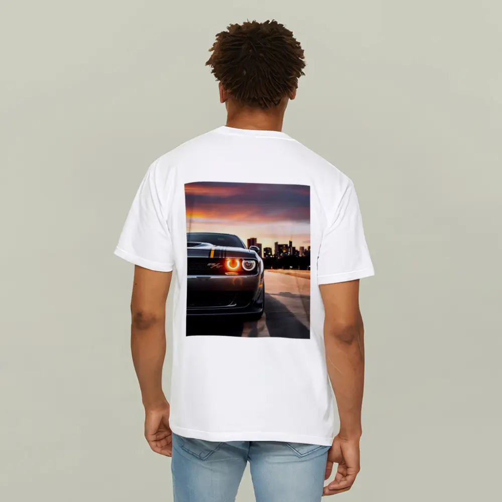 Dodge Challenger RT City Sunset Front View – T-Shirts