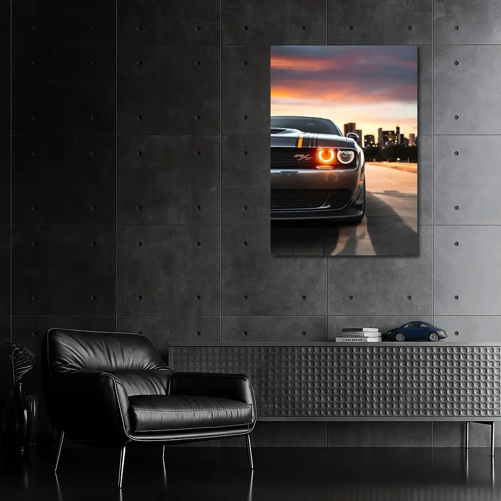 Dodge Challenger RT City Sunset Front View – Wall Art