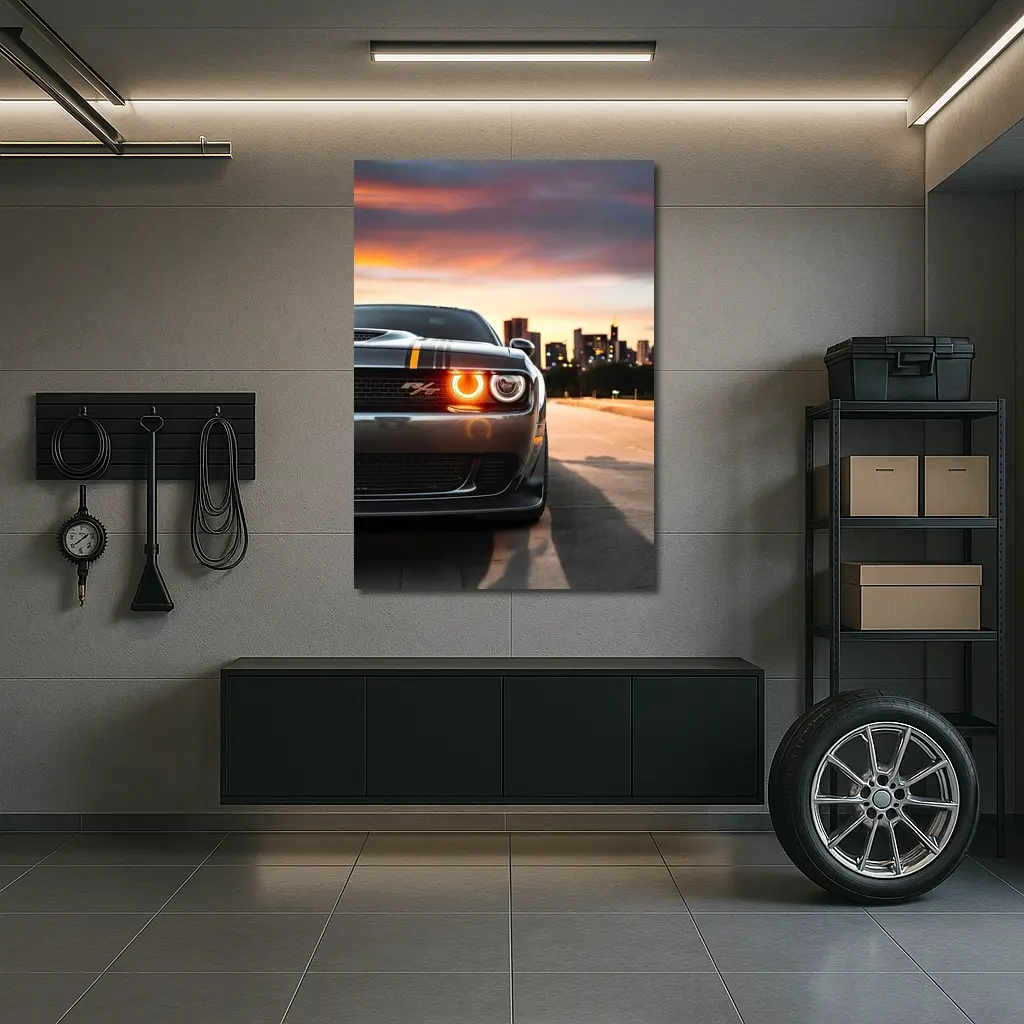 Dodge Challenger RT City Sunset Front View – Wall Art