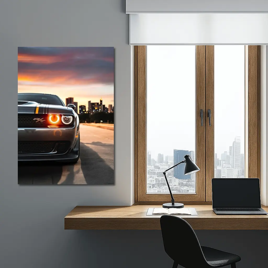 Dodge Challenger RT City Sunset Front View – Wall Art