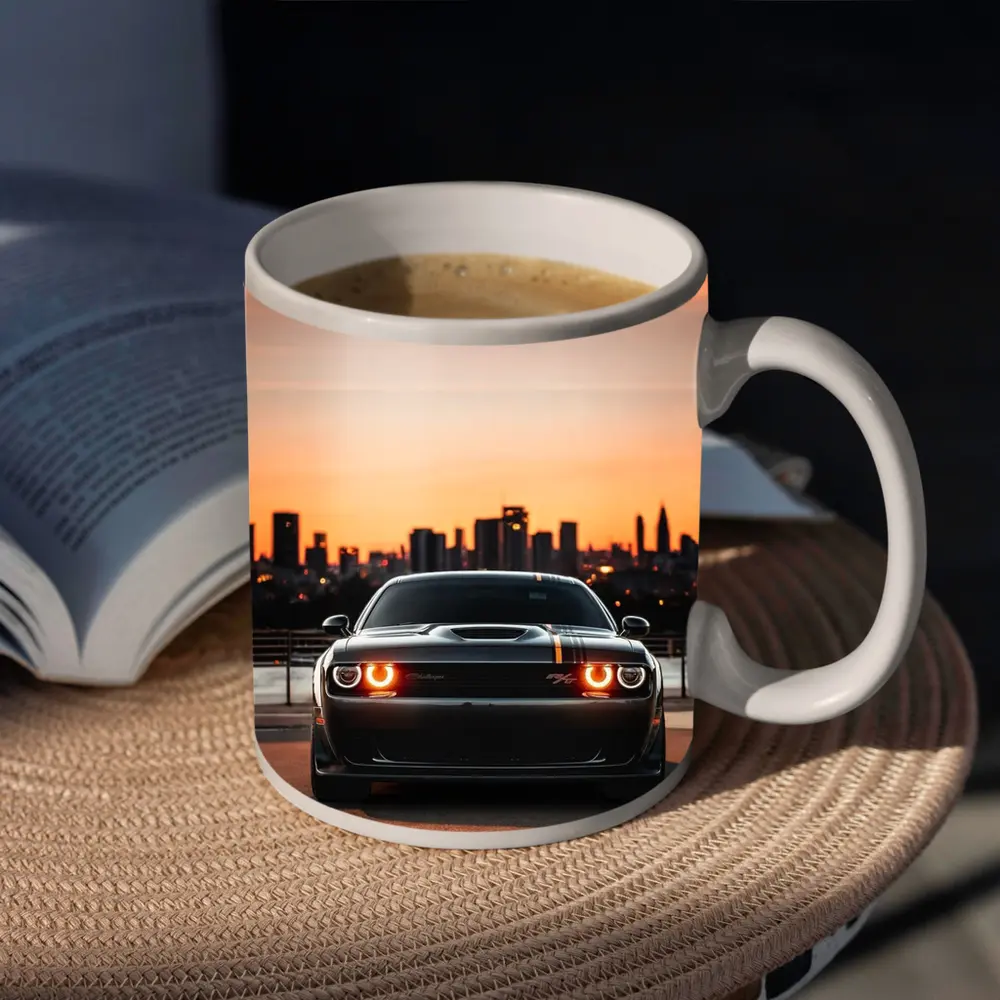 Dodge Challenger Sunset City Skyline View – Mugs