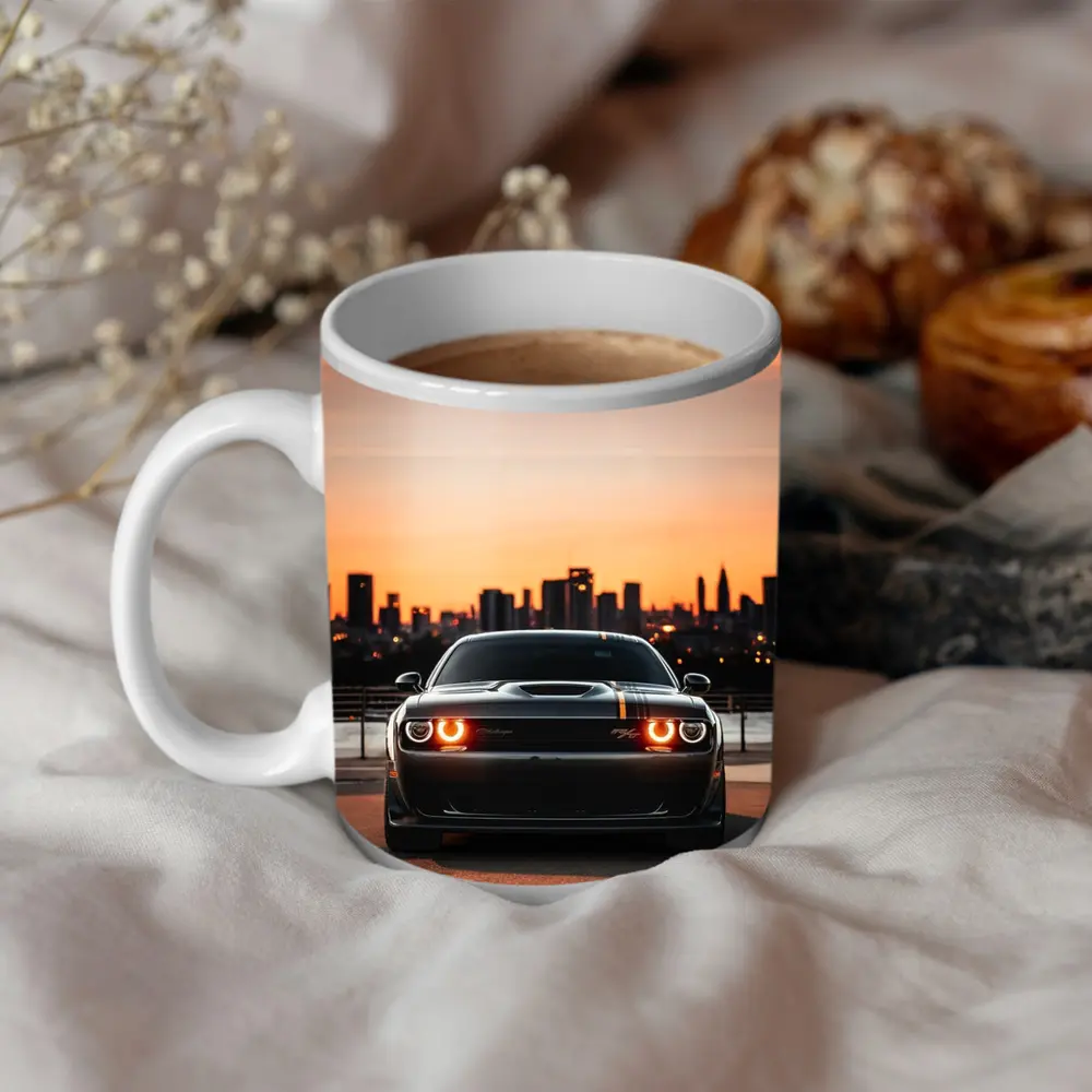 Dodge Challenger Sunset City Skyline View – Mugs