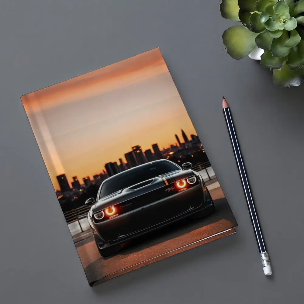 Dodge Challenger Sunset City Skyline View – Notebooks