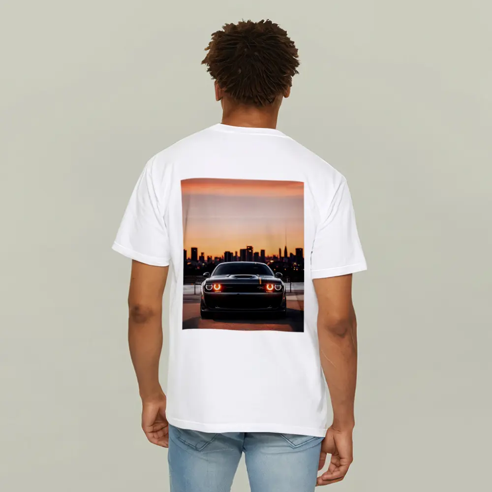 Dodge Challenger Sunset City Skyline View – T-Shirts