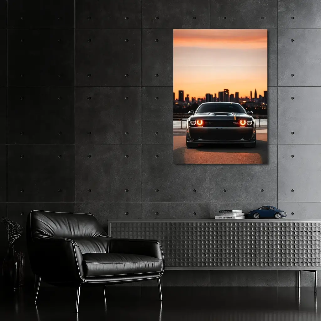 Dodge Challenger Sunset City Skyline View – Wall Art