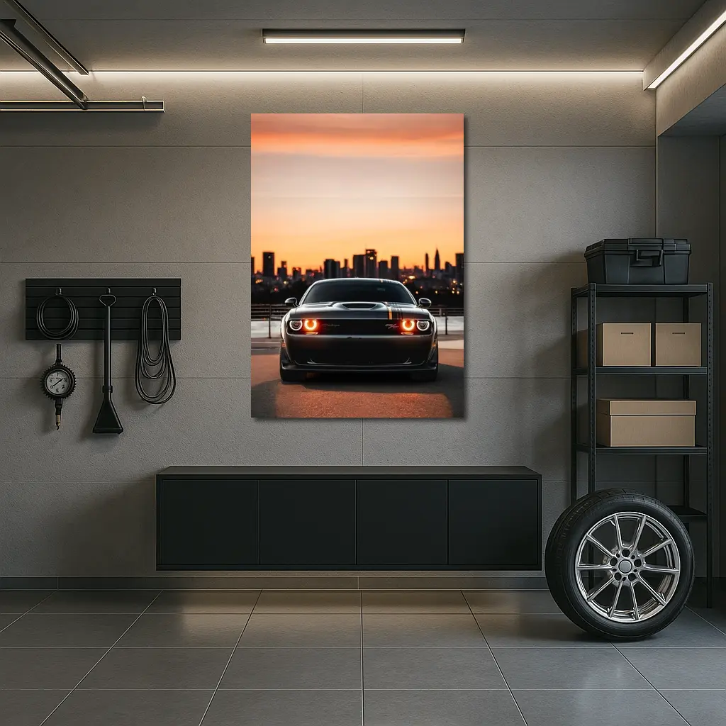 Dodge Challenger Sunset City Skyline View – Wall Art