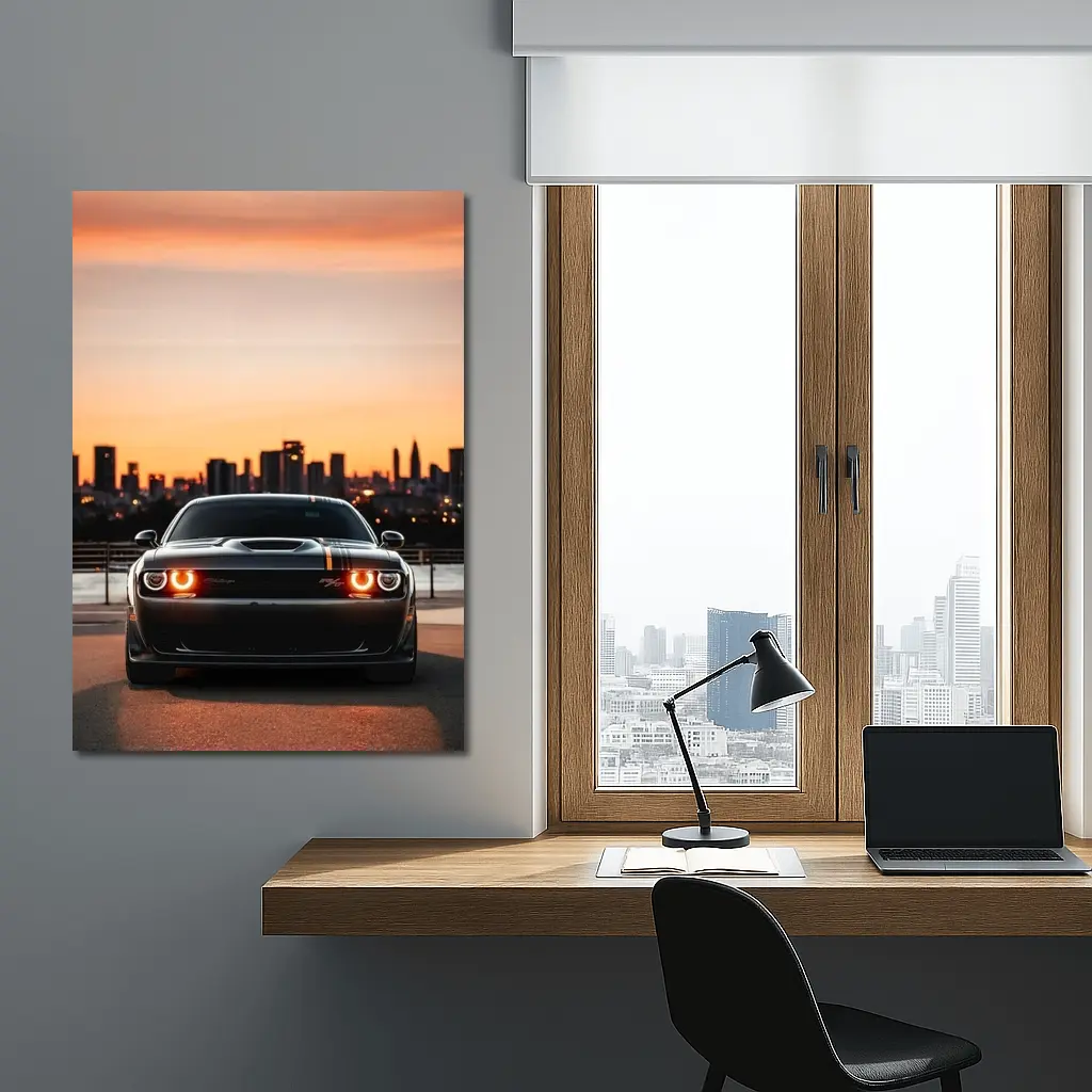 Dodge Challenger Sunset City Skyline View – Wall Art