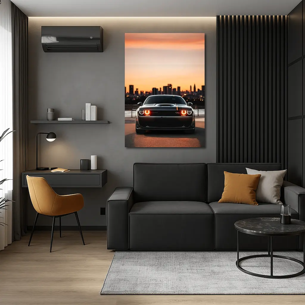 Dodge Challenger Sunset City Skyline View – Wall Art