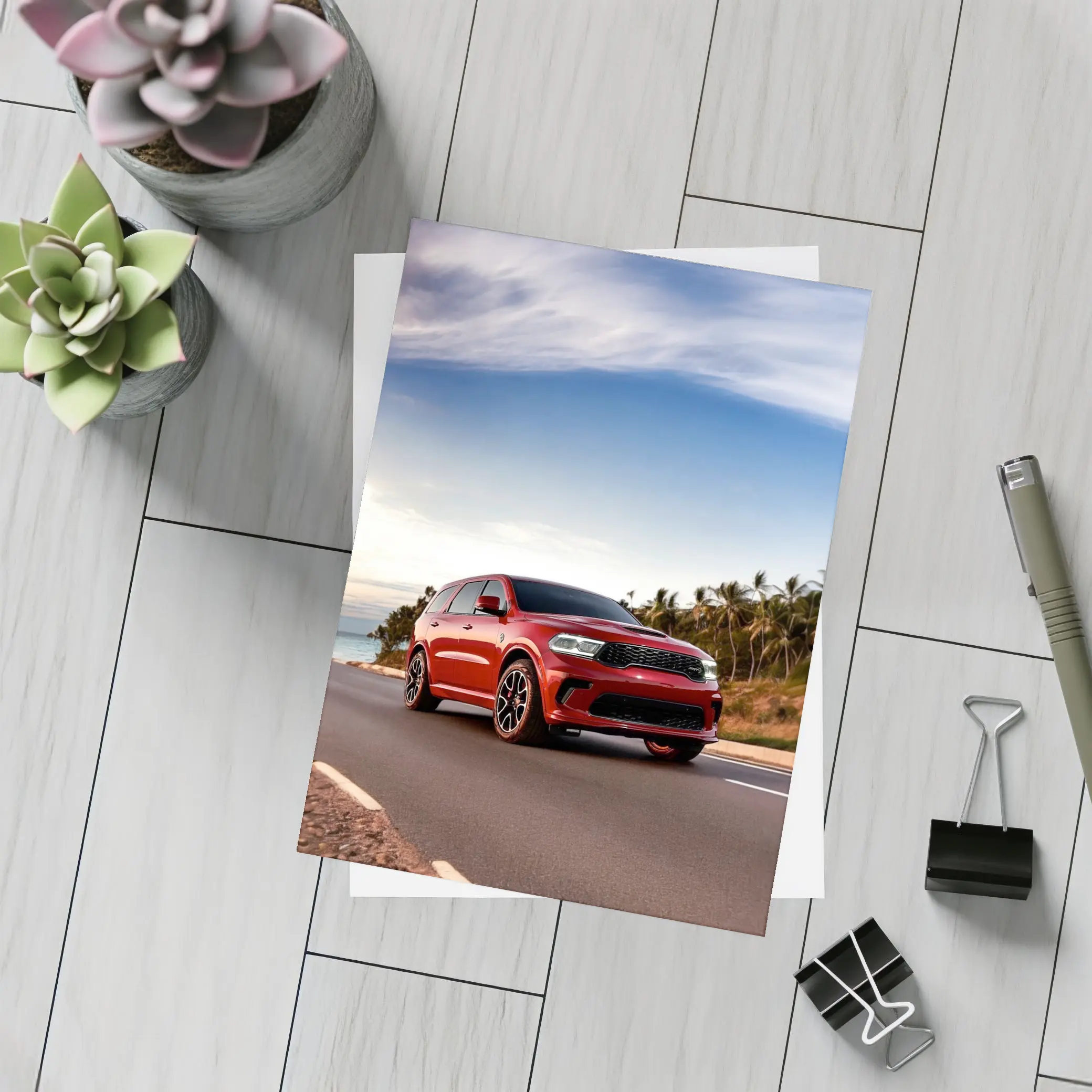 Dodge Durango Red SUV Coastal Road Drive – Postcards