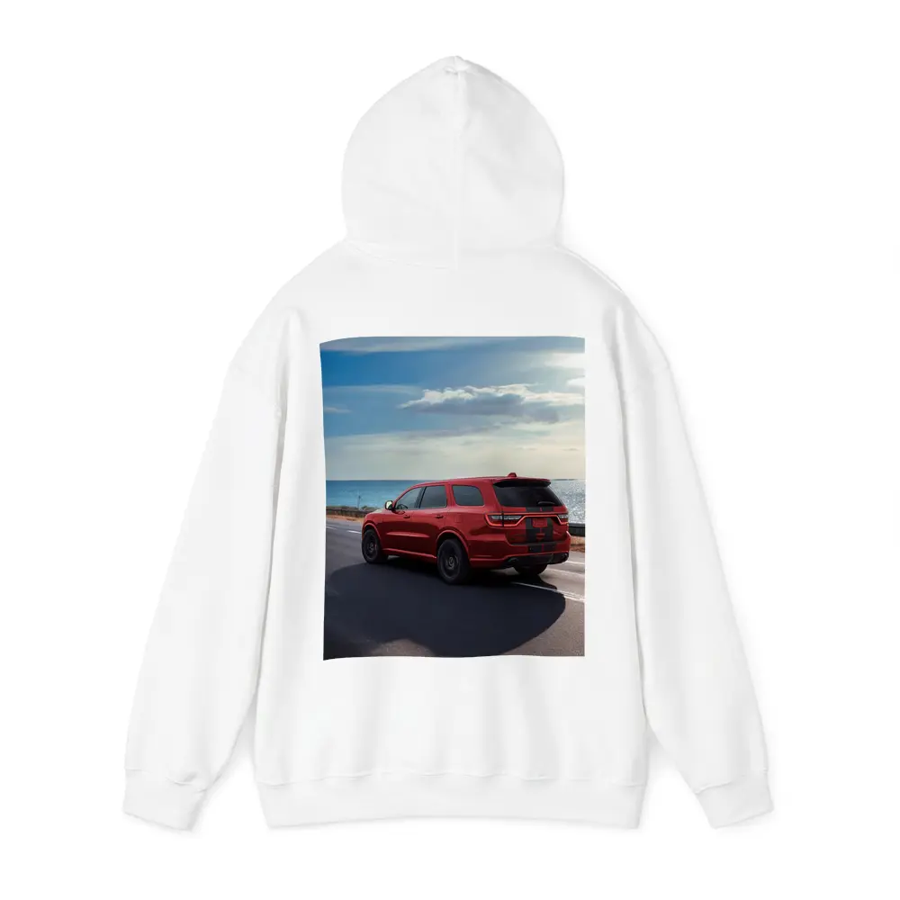 Red Dodge Durango Driving Along Coastal Road – Hoodies